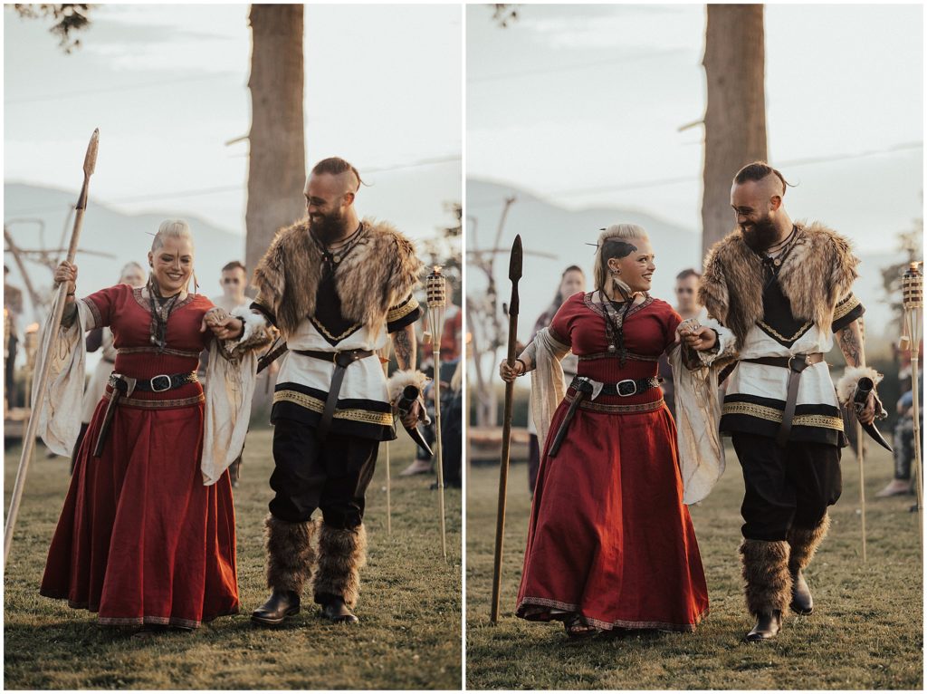 bride and groom dressed in viking attire
