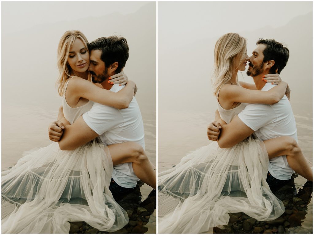 couple hugging in lake