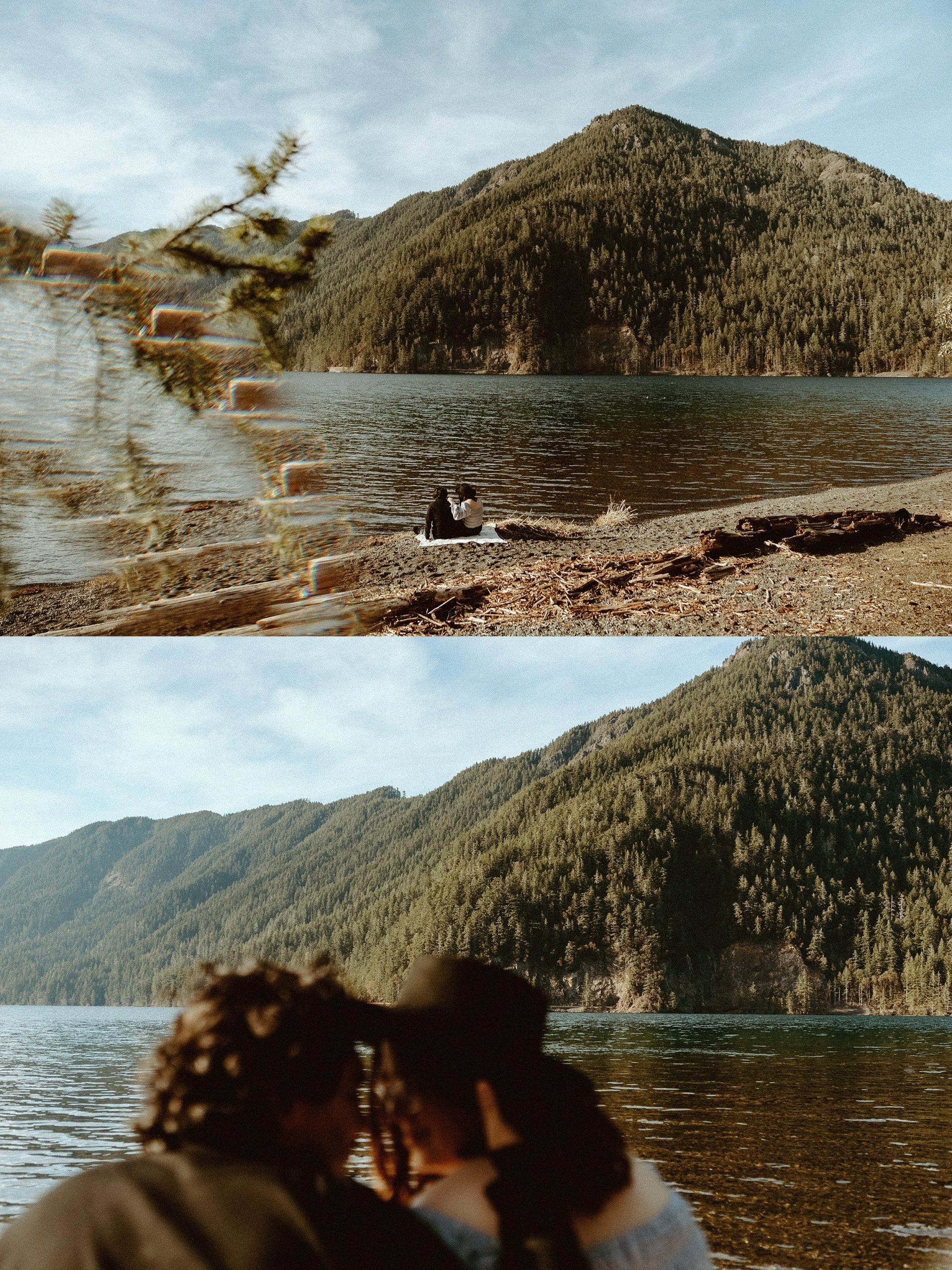 couple sitting together near lake crescent 
