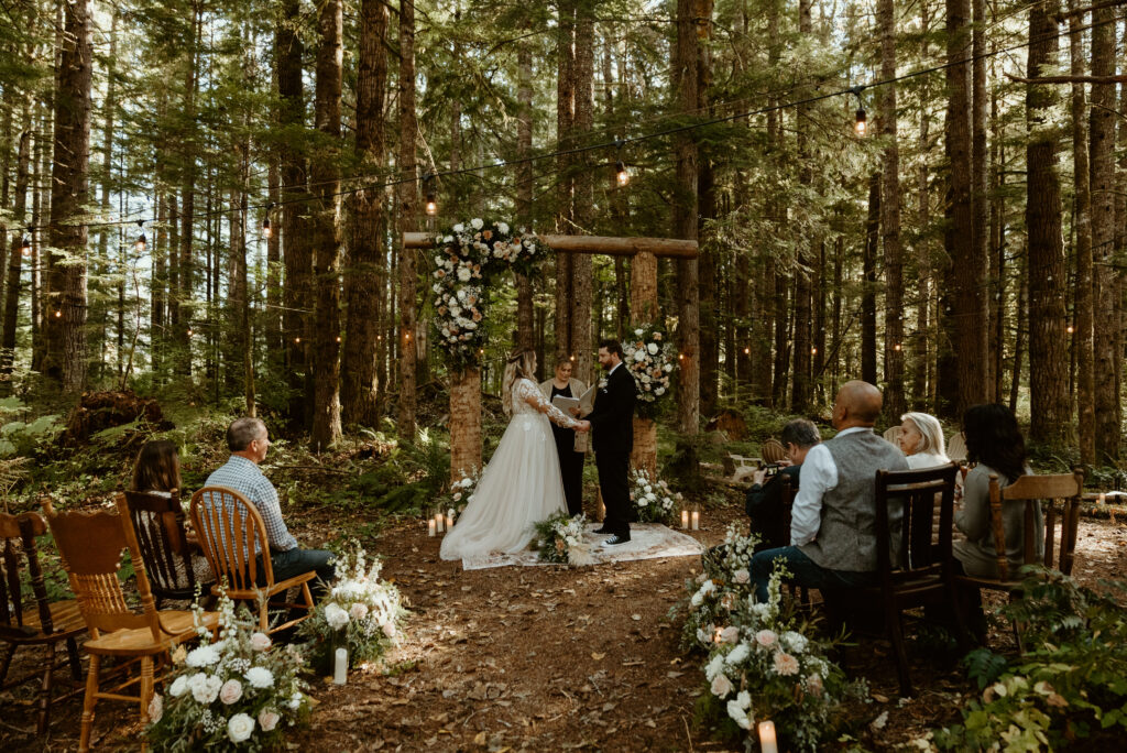 Bride and groom getting married at their Mt. Rainier elopement