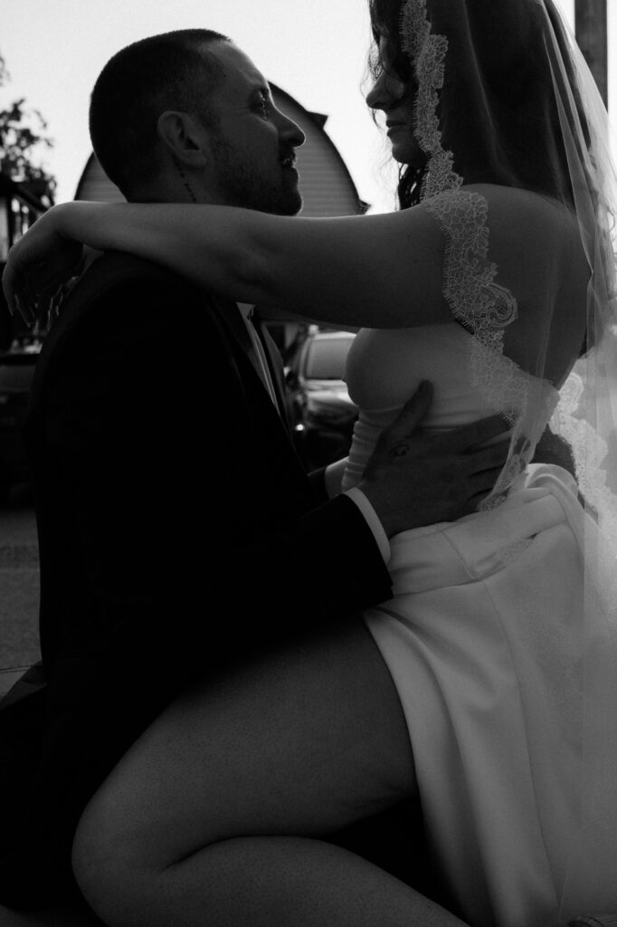 intimate photo of bride and groom at micro wedding during portraits