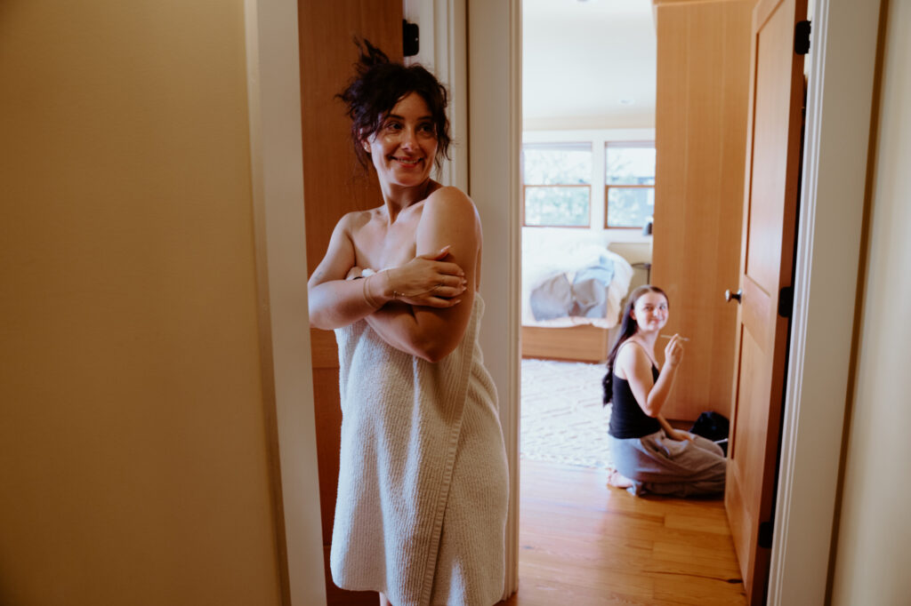 Bride getting ready at waterfront Airbnb in Bow Washington