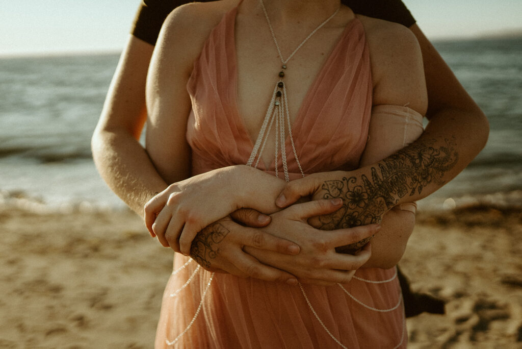 wedding couple embrace