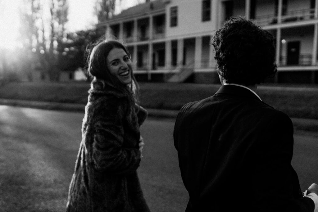 bride in a vintage fur on her wedding day