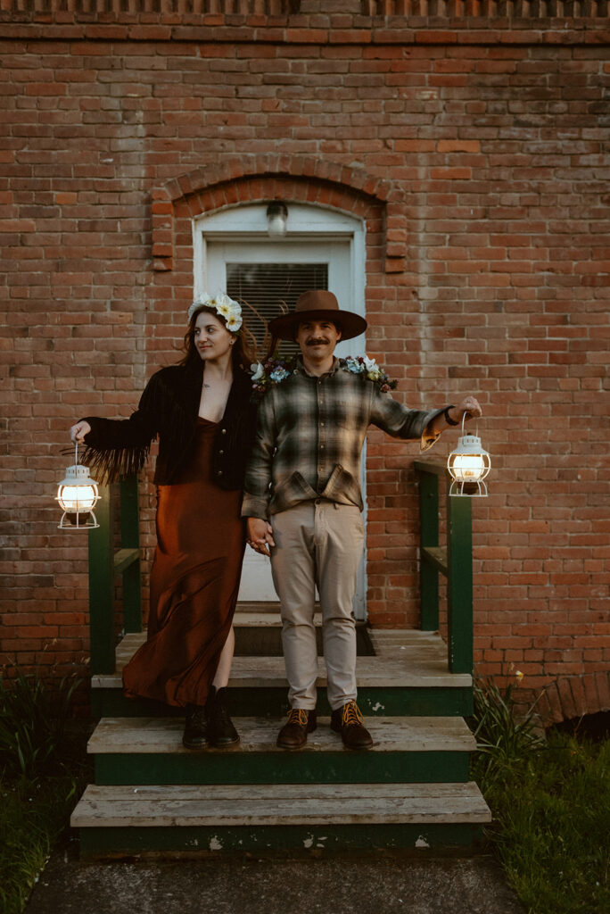elopement couple on brick castle door steps